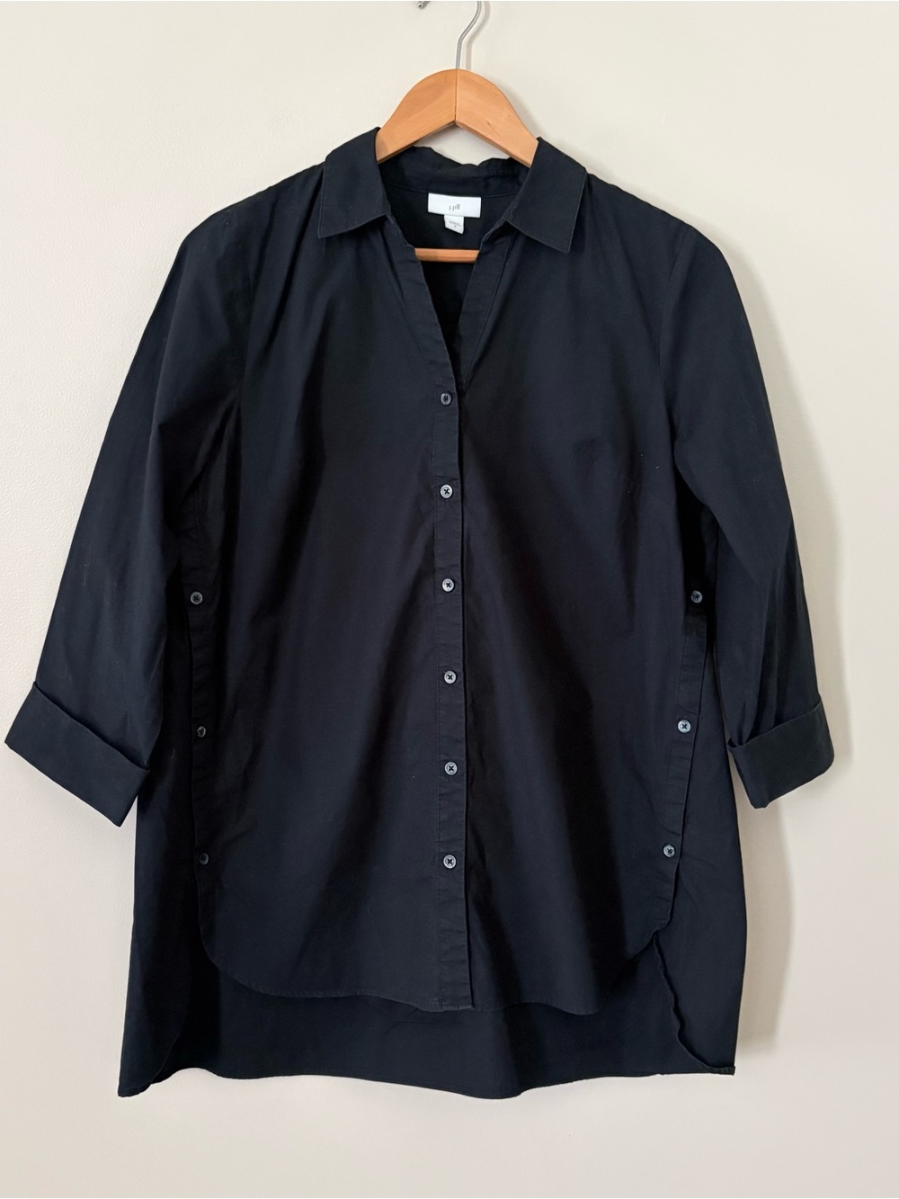 J.Jill Black Button Front Shirt High Low Tunic 3/4 Sleeve 100% Cotton Size M